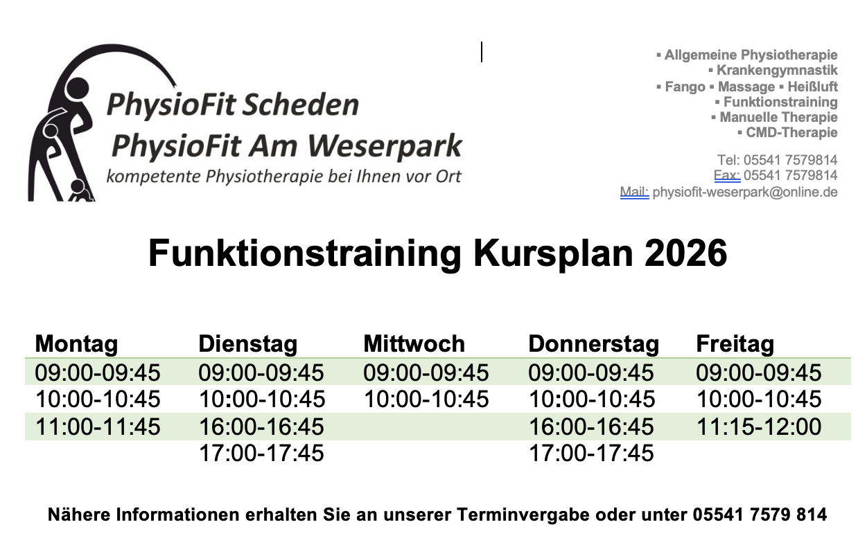 Kursplan Funktionstraining 2026 – PhysioFit Am Weserpark